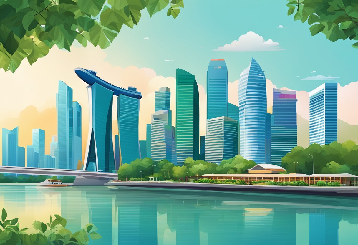 A vibrant cityscape with the iconic Singapore skyline, featuring the ibis Singapore hotel nestled among modern buildings and lush greenery