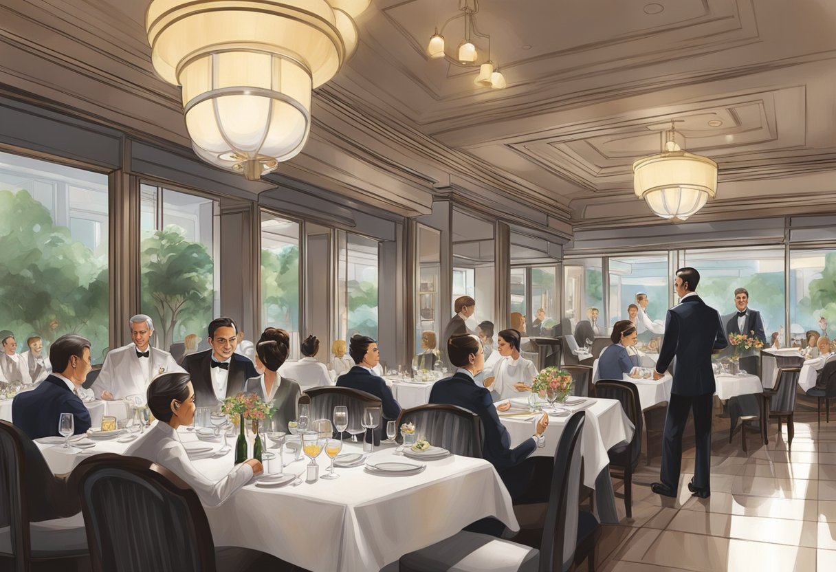 A bustling restaurant with elegant decor, waitstaff serving sizzling steaks, and customers engaged in conversation at Ruth's Chris Singapore