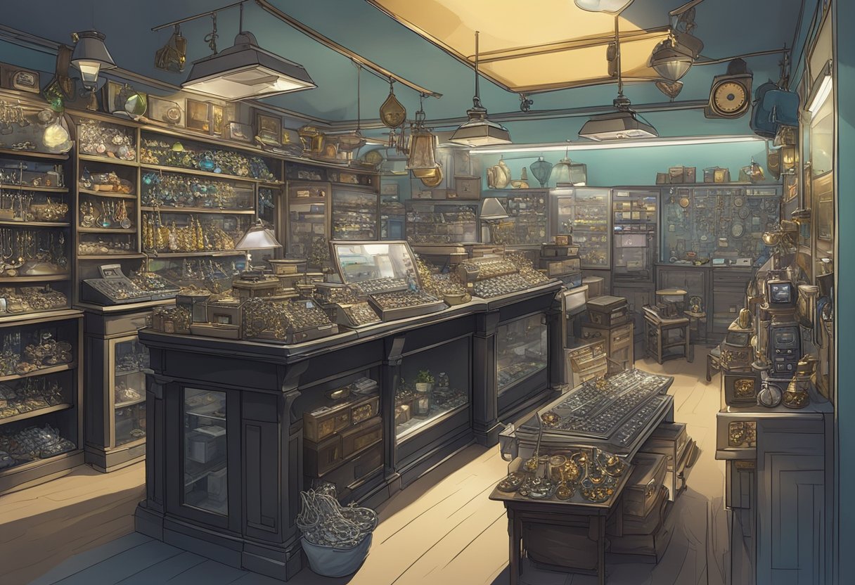 A cluttered pawn shop in Singapore, filled with various items from jewelry to electronics, with a dimly lit interior and a counter for transactions
