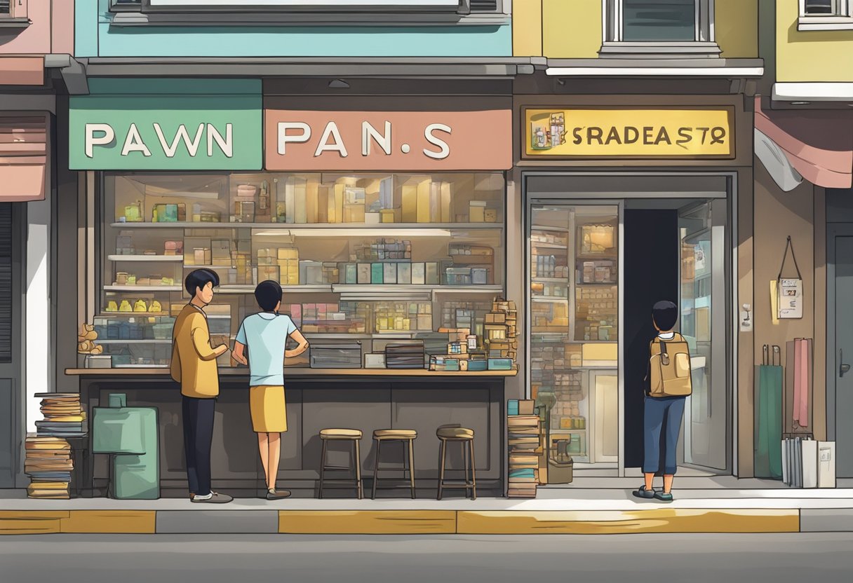 A pawn shop sign hangs above a storefront in Singapore. A customer negotiates with a shop attendant behind a counter, surrounded by various items for sale