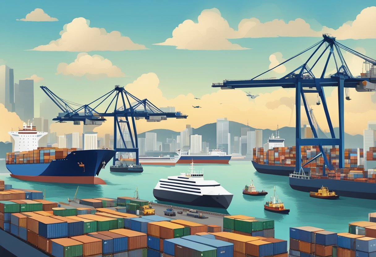 A bustling Singapore harbor with cargo ships and cranes, ready to embark on a journey to Chongqing