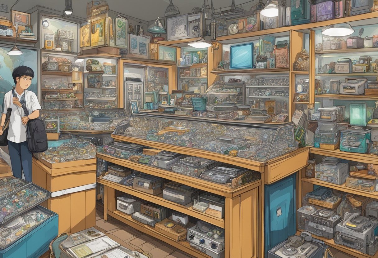 Various items including jewelry, electronics, and musical instruments are displayed in a cluttered but organized manner in a pawn shop in Singapore. Signs advertising services such as loans and purchases are prominently displayed