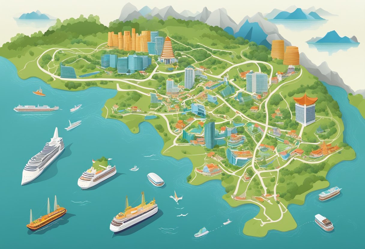 A map of Singapore and Chongqing with travel routes and landmarks