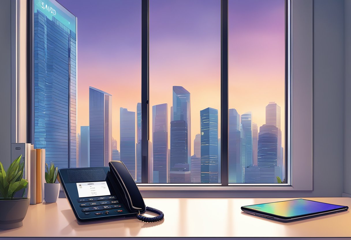 A Samsung hotline in Singapore, with a sleek, modern phone on a clean desk, surrounded by a vibrant cityscape through a window