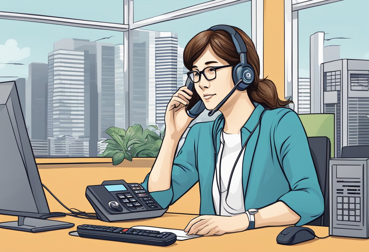 A person dialing a Samsung hotline in Singapore for support