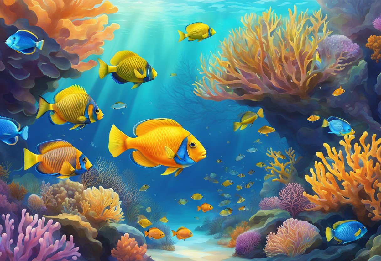 A group of colorful fish swim among vibrant coral formations in the crystal-clear waters of the Singapore Reef Club