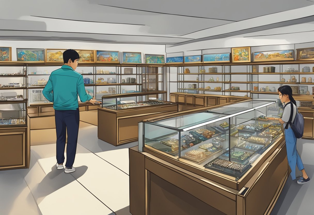 A customer approaches the counter at a pawn shop in Singapore, while various items such as jewelry, electronics, and musical instruments are displayed on shelves and in glass cases