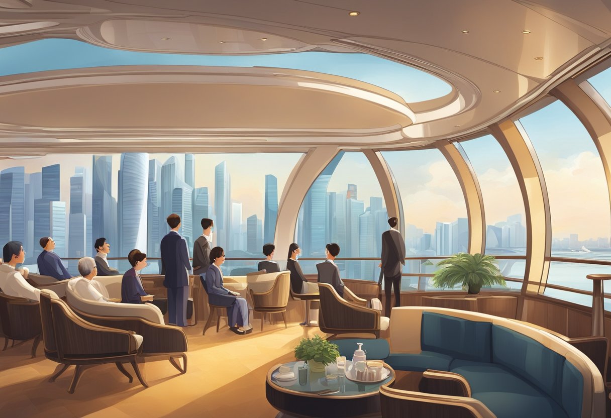 Passengers enjoying panoramic views of the Singapore skyline as the ship cruises towards Chongqing. Luxurious interiors and attentive service create a comfortable and memorable journey