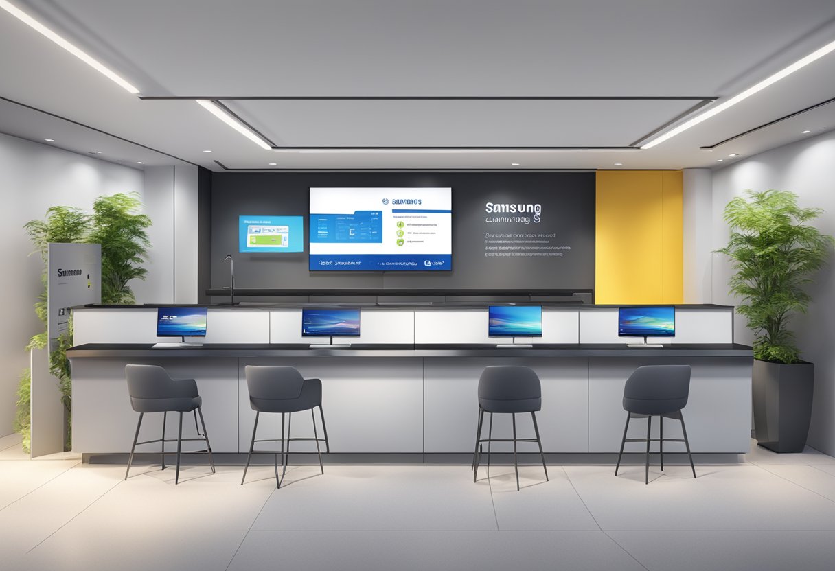 A sleek, modern service center with Samsung branding, featuring informational signage and a hotline number, located in Singapore