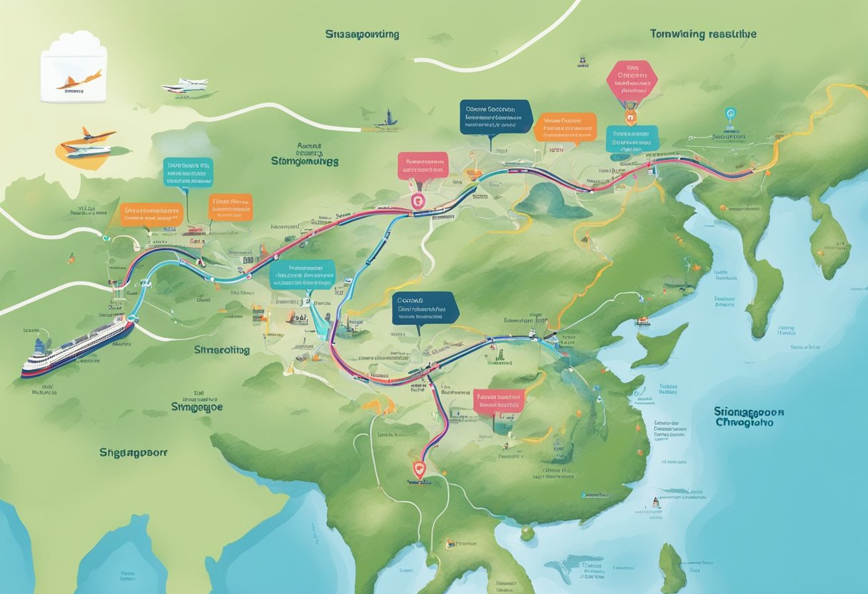 A map showing the route from Singapore to Chongqing, with landmarks and transportation options highlighted
