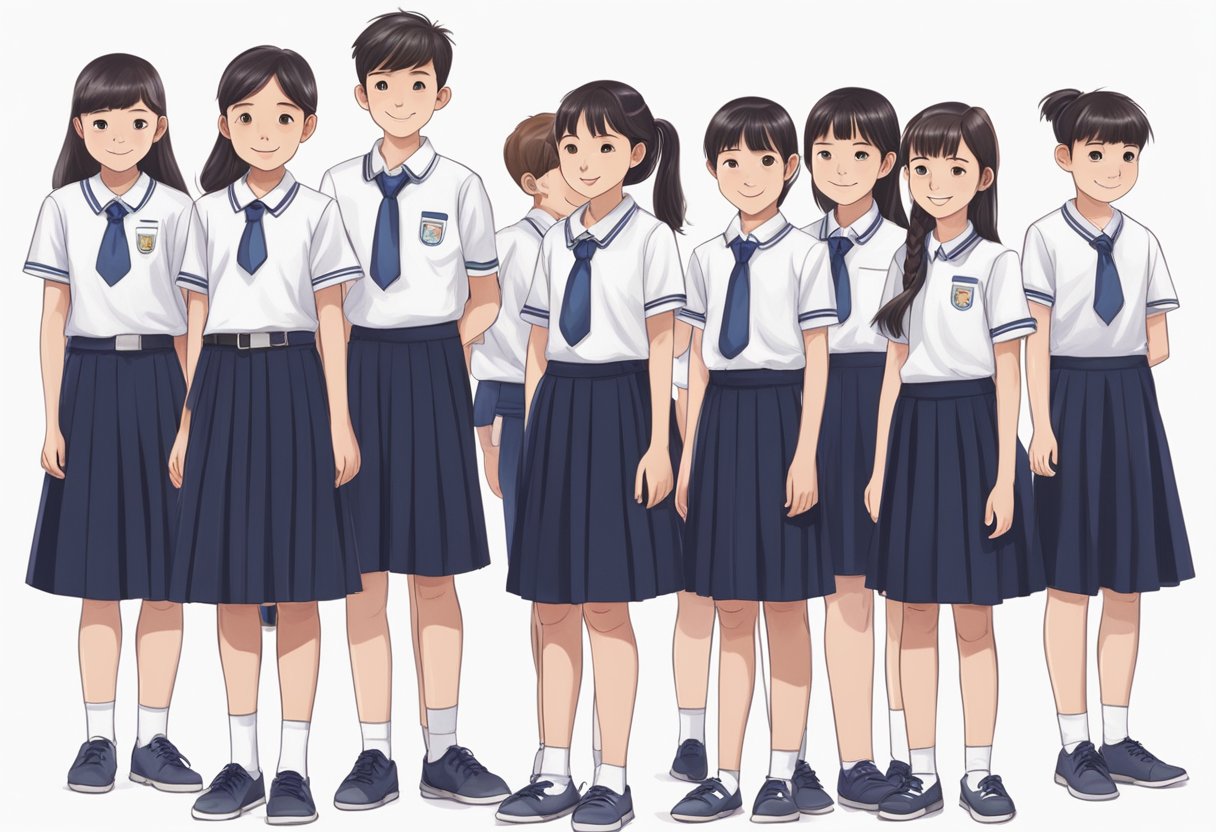 Students in Singaporean school uniform stand in rows, wearing white short-sleeved shirts, navy blue skirts or pants, and white shoes