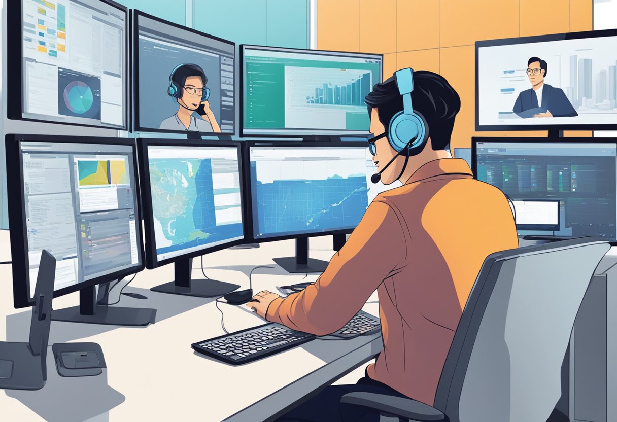 A customer service representative answers calls at the Samsung hotline in Singapore, surrounded by computer screens and a headset