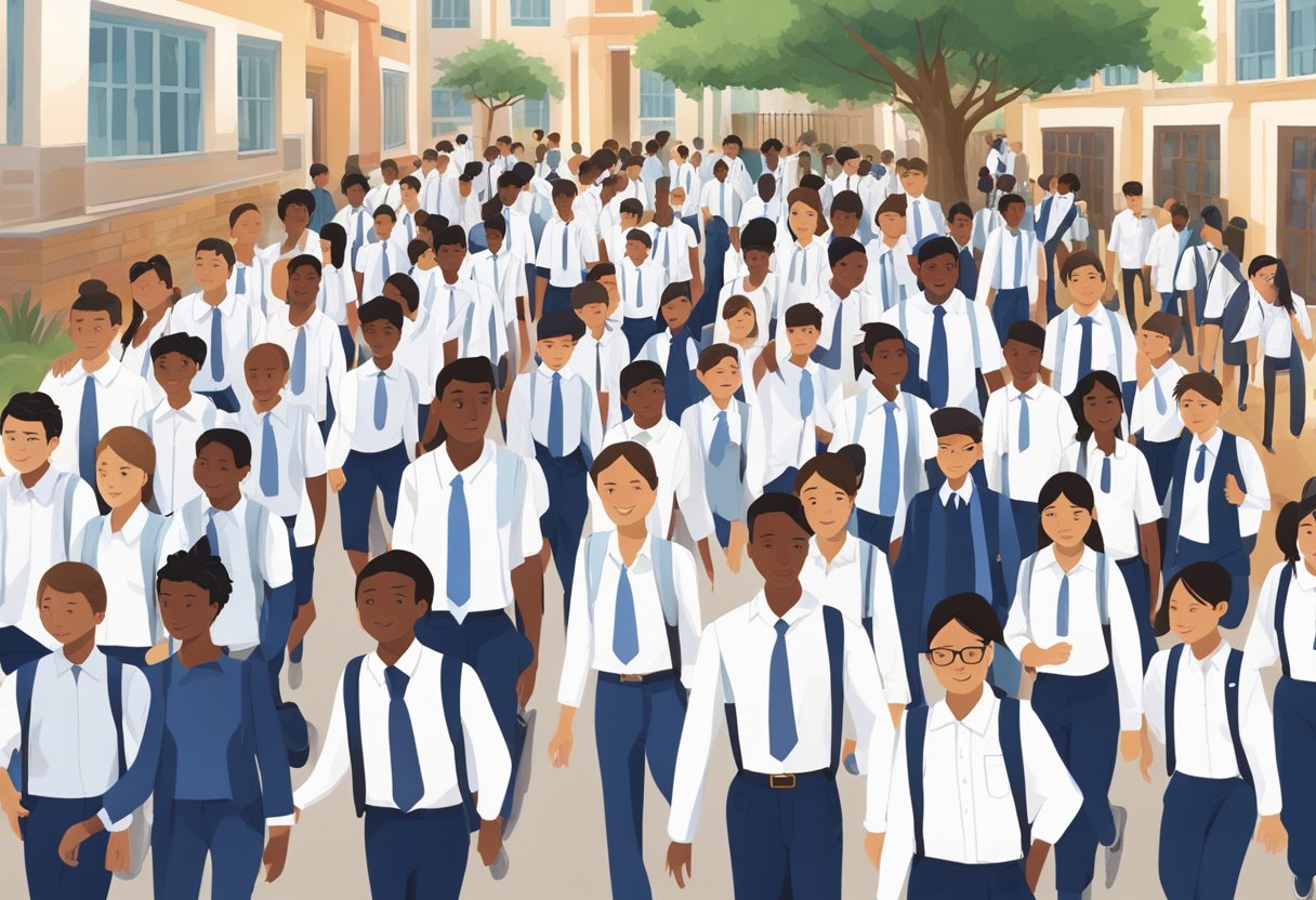 Students wearing traditional white shirts and navy blue bottoms, with some wearing ties or scarves, walking to school in orderly lines