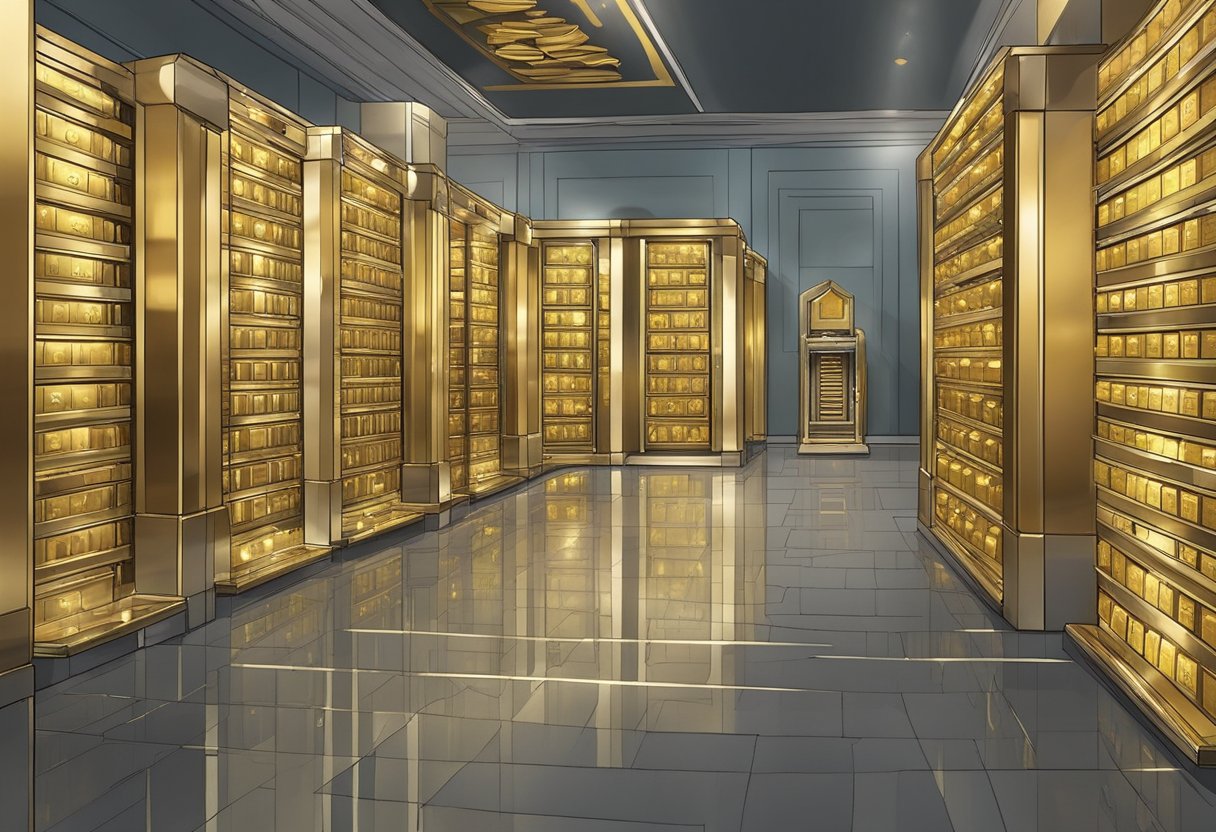 A secure vault opens to reveal stacks of gleaming gold bullion in Singapore. Security cameras and armed guards stand watch