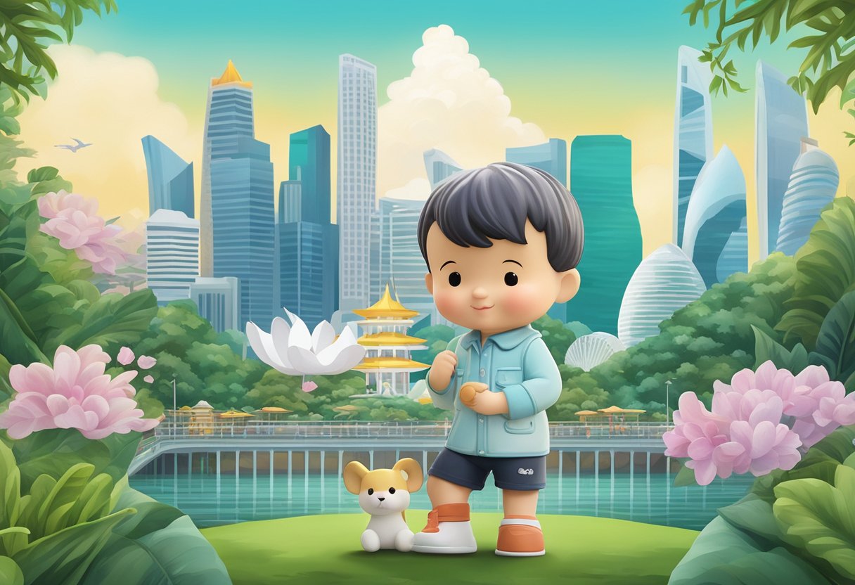 A charming Sonny Angel figurine stands atop a vibrant Singapore skyline, surrounded by iconic landmarks and lush greenery