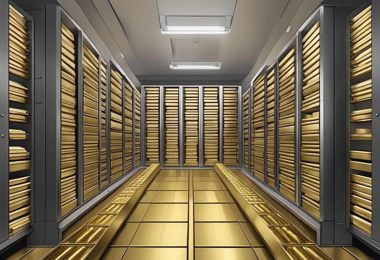 A secure vault with rows of gold bullion bars neatly stacked and labeled in a high-security facility in Singapore