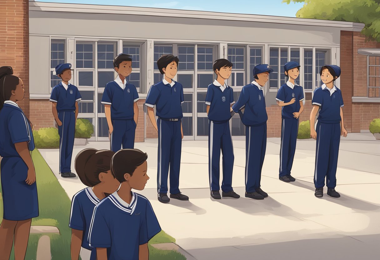 Students in neat, navy blue uniforms line up outside a school building, chatting and laughing as they wait to enter. The school emblem is prominently displayed on their shirts
