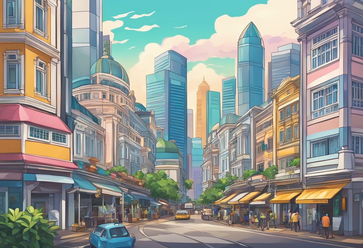 A colorful cityscape with iconic buildings and bustling streets in the heart of Singapore