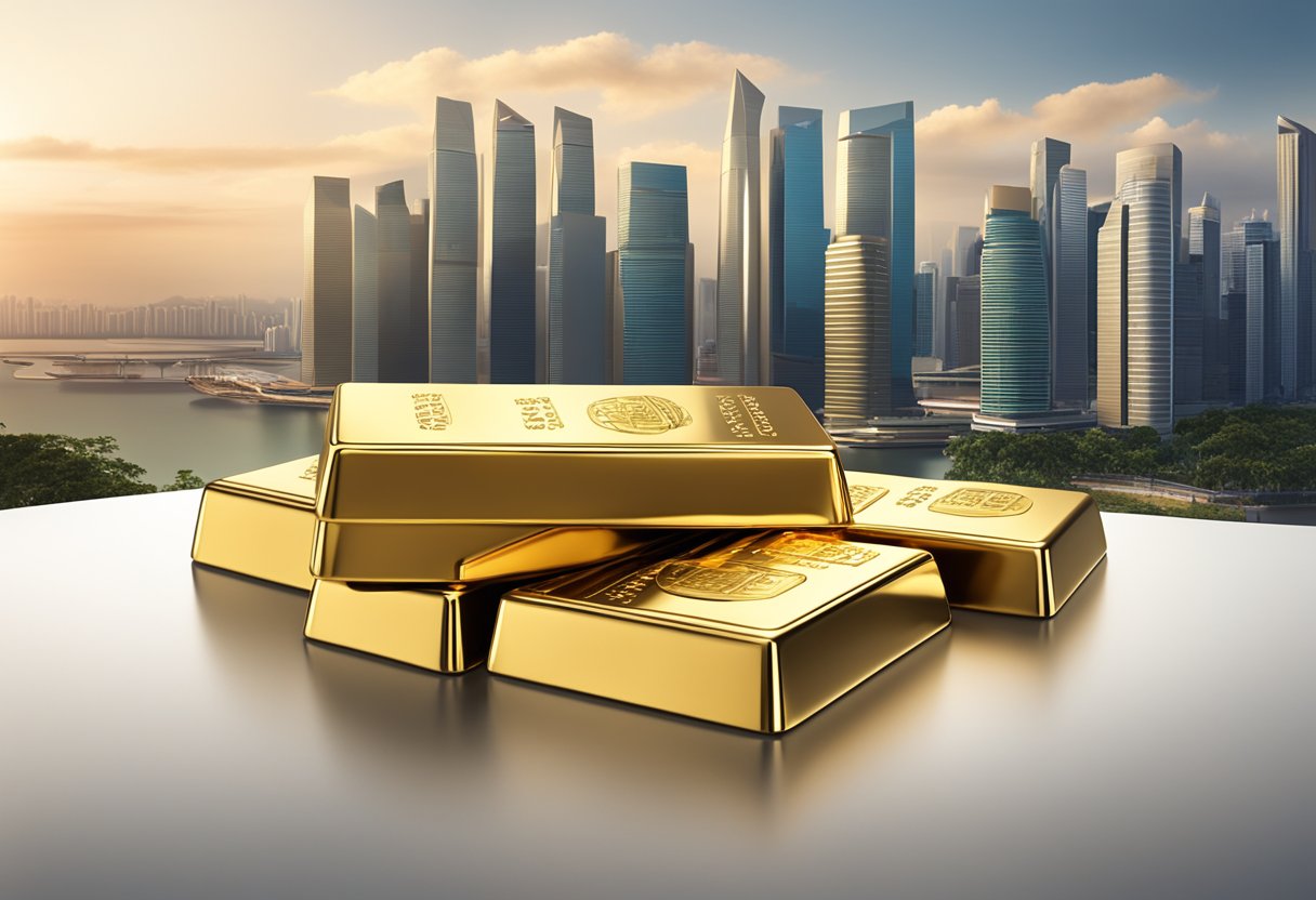 A stack of gold bullion bars arranged neatly on a sleek, modern display stand, with a backdrop of the Singapore skyline in the distance