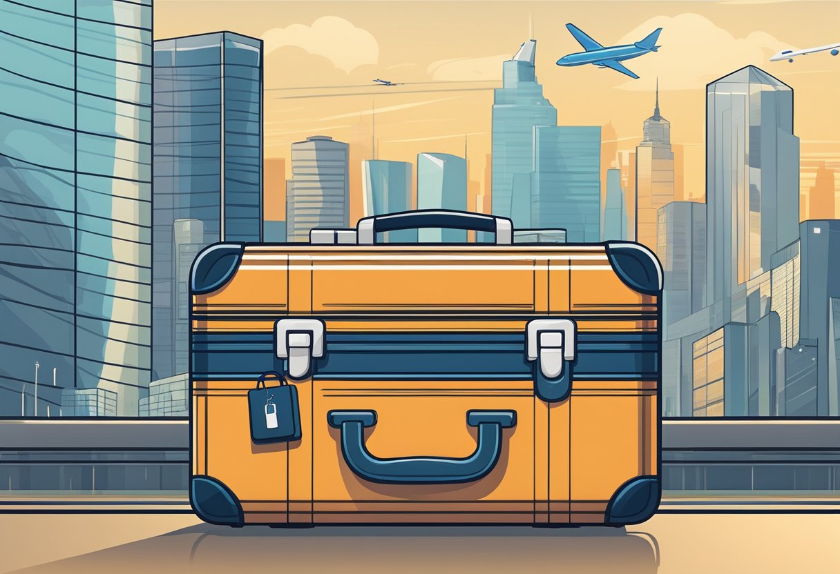 A sleek and modern suitcase with built-in charging ports and a digital lock, surrounded by bustling airport terminals and city skylines