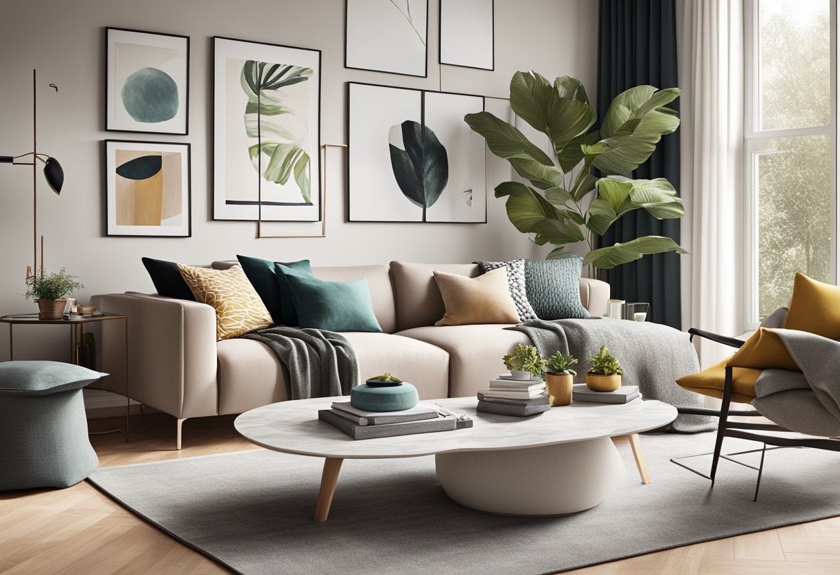 A modern living room with H&M Home decor, featuring sleek furniture and stylish home accessories