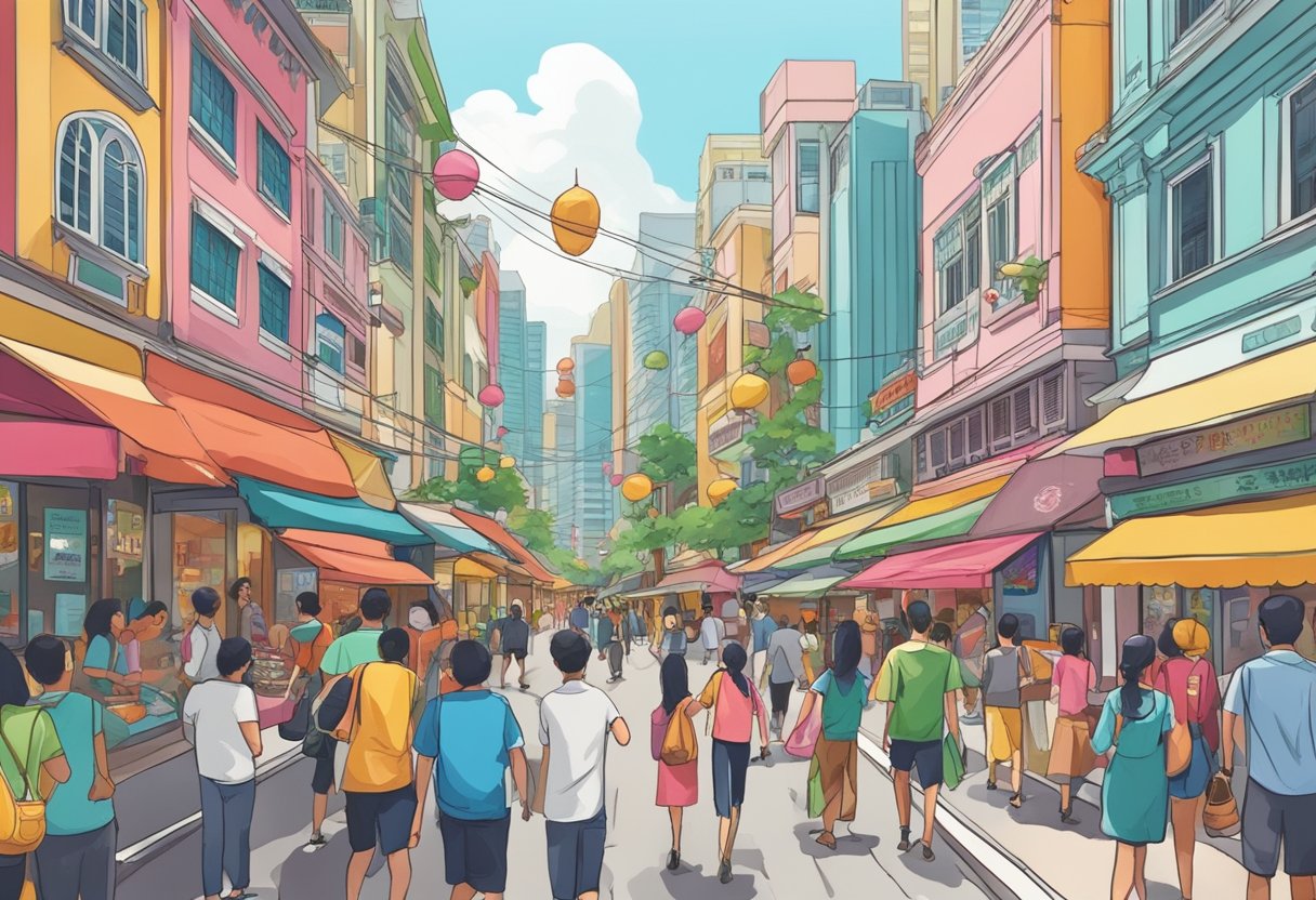 A bustling street in Singapore with colorful storefronts and bustling activity