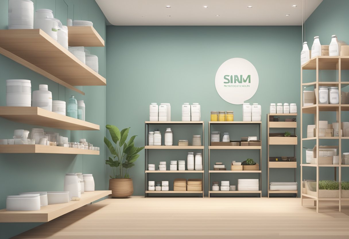 A simple, clean room with minimalistic decor and eco-friendly products arranged neatly on shelves. A clear brand logo is displayed prominently