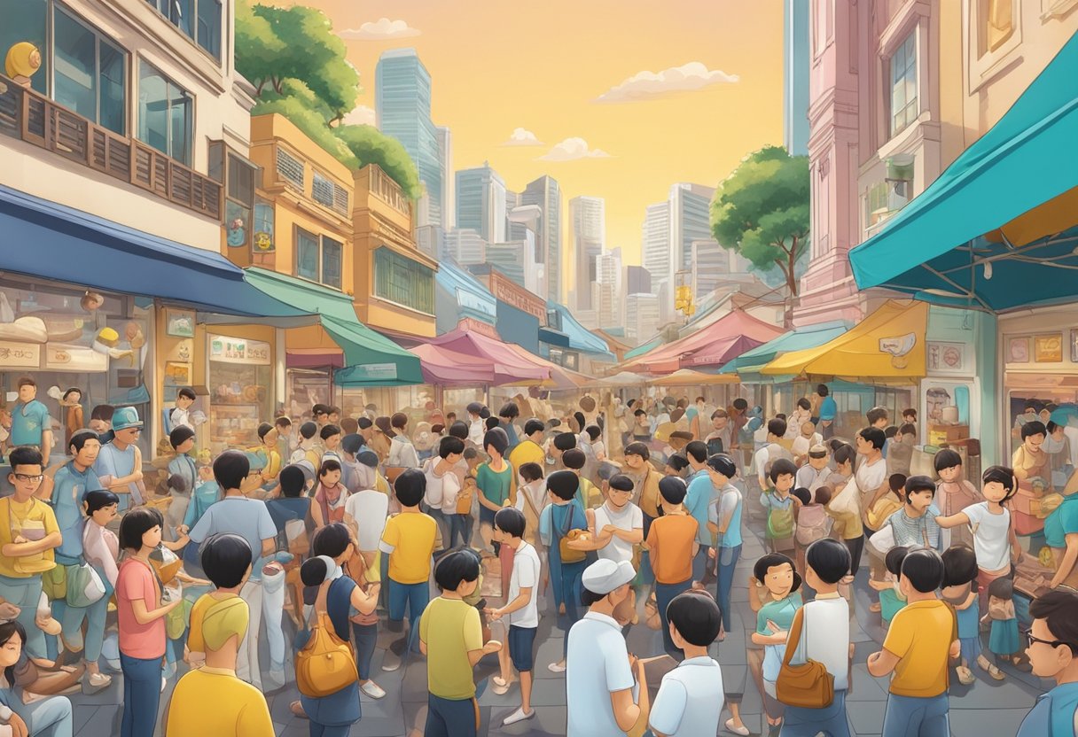 A group of Sonny Angel figurines gathered in a vibrant community setting, surrounded by enthusiastic collectors in a bustling Singapore scene