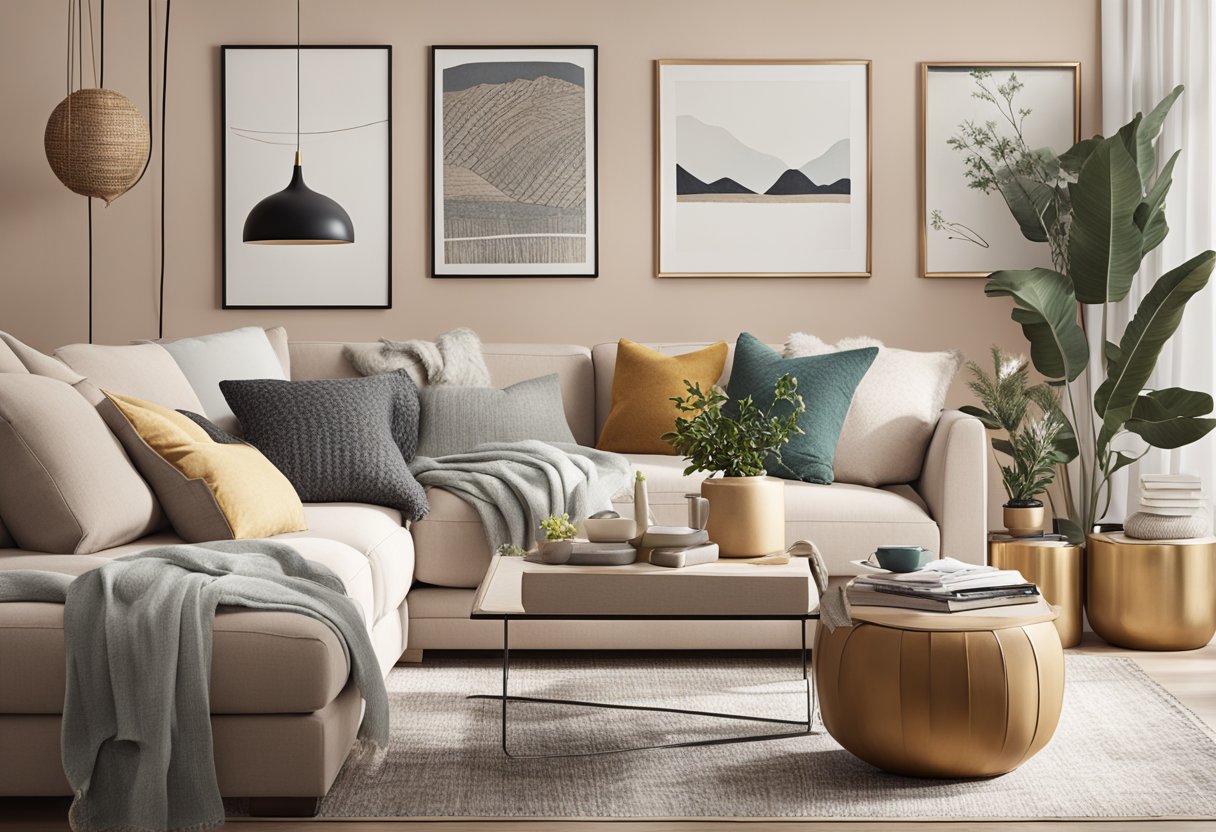 A cozy living room with H&M Home decor, featuring stylish furniture, soft textiles, and modern accents