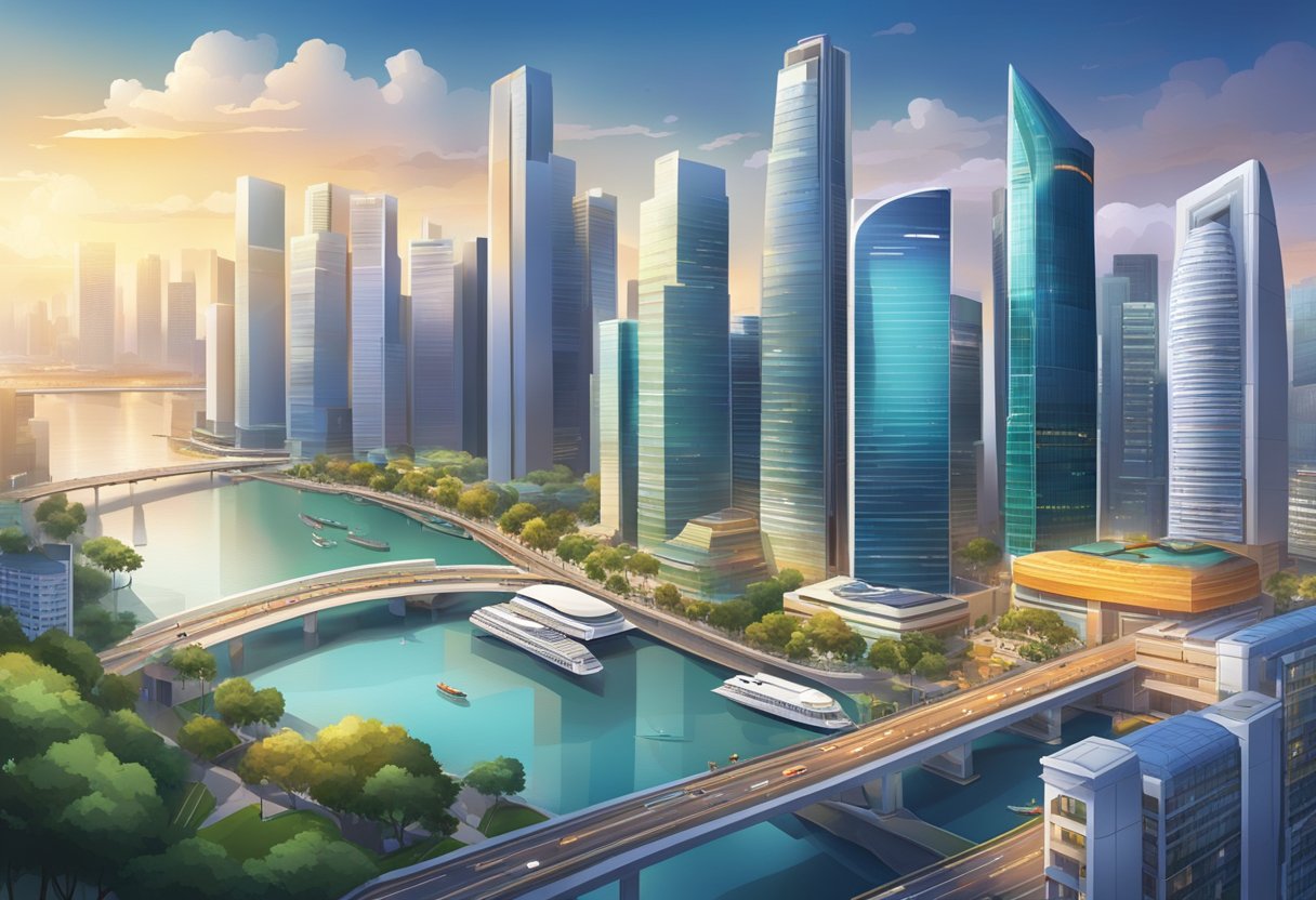A bustling cityscape with modern skyscrapers and busy streets, showcasing the vibrant energy and urban environment of Singapore