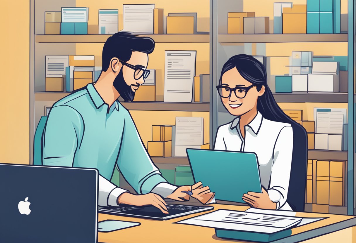 A stack of FAQ brochures, a laptop with Lojel Singapore website, and a customer service representative assisting a customer