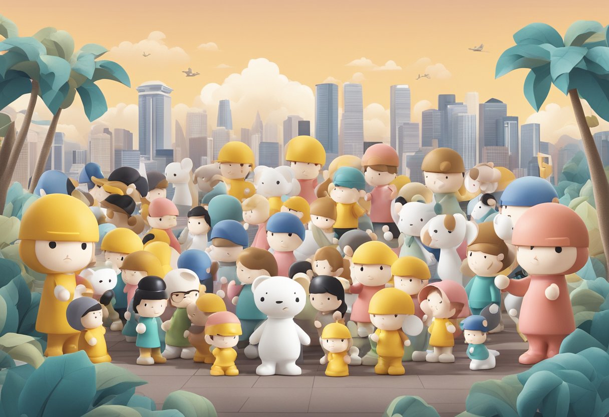 A group of Sonny Angel figurines surrounded by question marks and a Singaporean backdrop