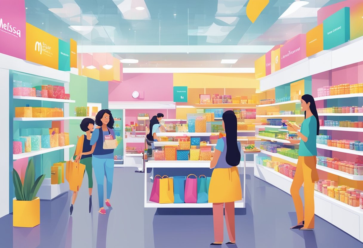 Customers interacting with colorful Melissa Singapore products in a modern, bright store environment