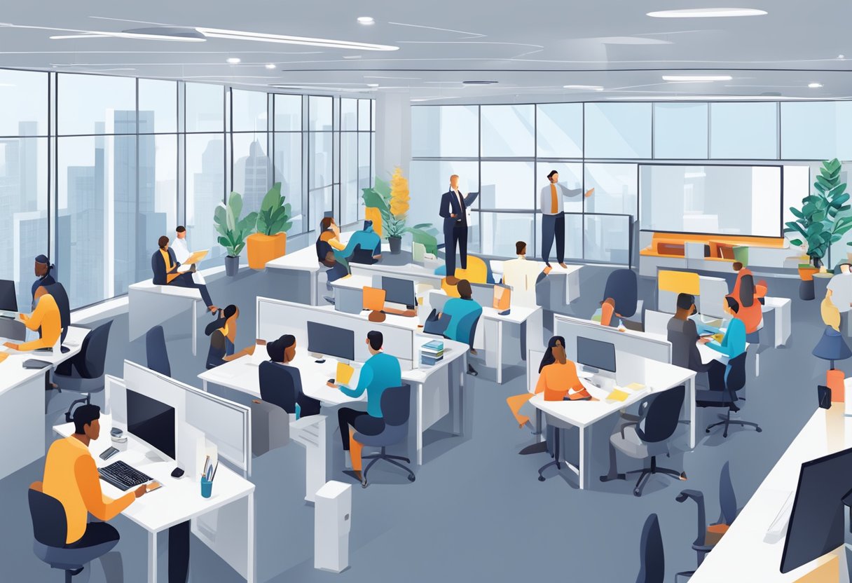 A bustling office with people networking, training, and collaborating. The space is modern and professional, with a focus on career development and support services
