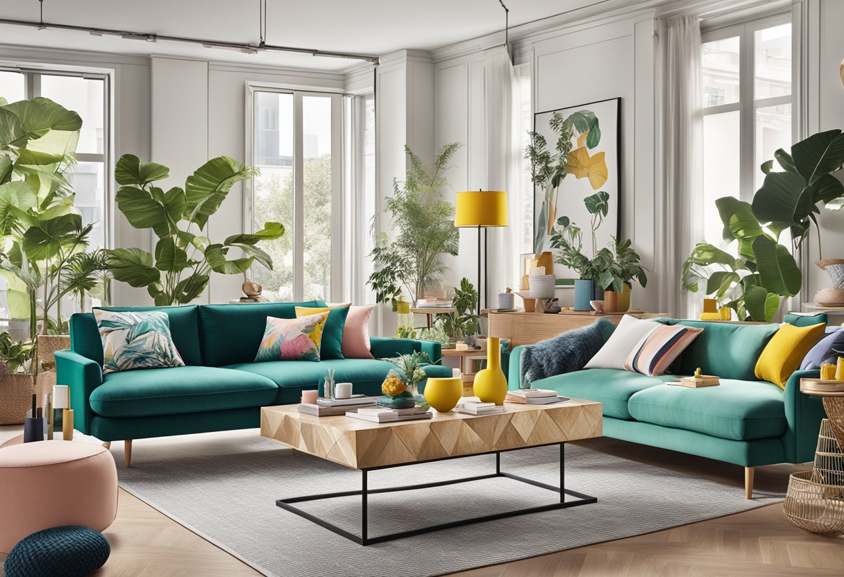 A vibrant display of modern home decor items at H&M Home Singapore, featuring stylish furniture, colorful textiles, and chic accessories