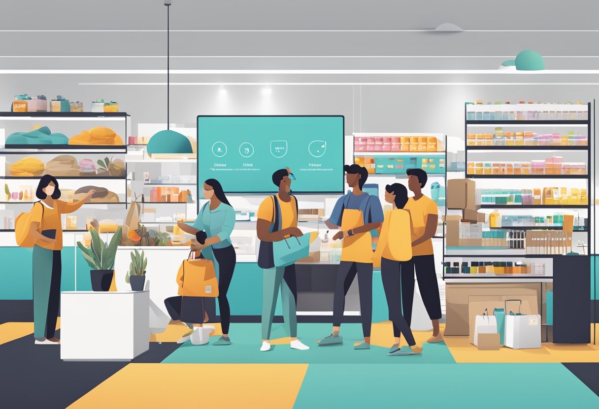A display of iuiga products arranged neatly with a minimalistic aesthetic, surrounded by happy and engaged customers browsing and interacting with the items