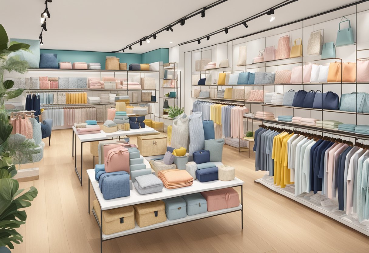 A colorful display of H&M home products with a prominent "Frequently Asked Questions" sign in a bustling Singapore store