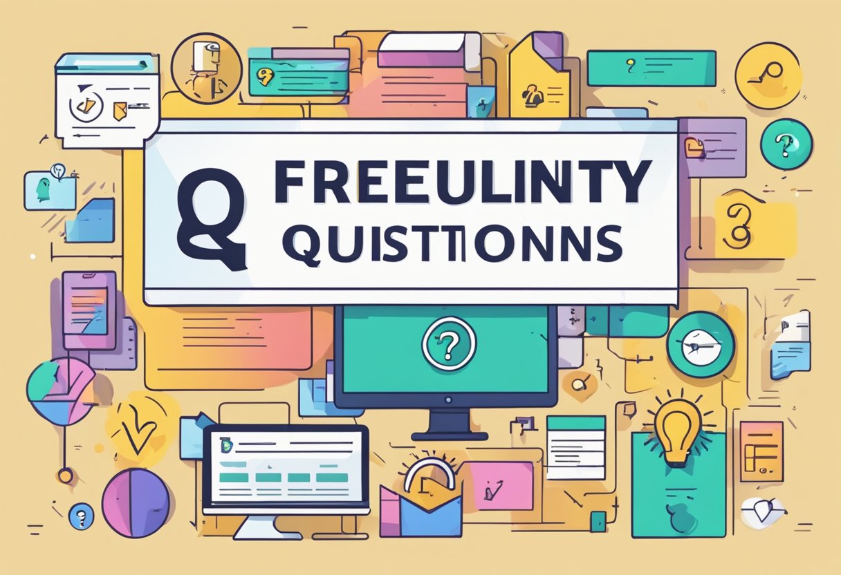 A colorful banner with the words "Frequently Asked Questions" displayed prominently, surrounded by various question marks and icons