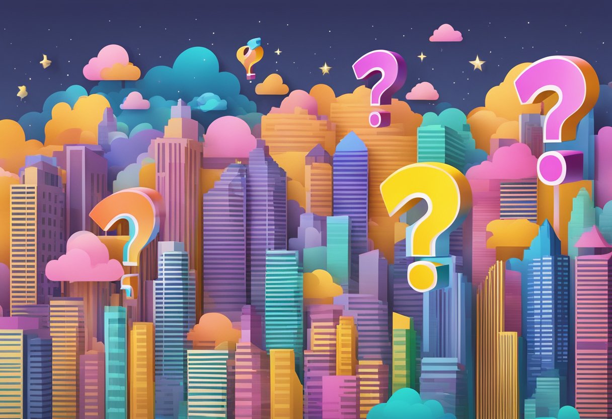 A stack of colorful question mark symbols hovering above the skyline of Singapore
