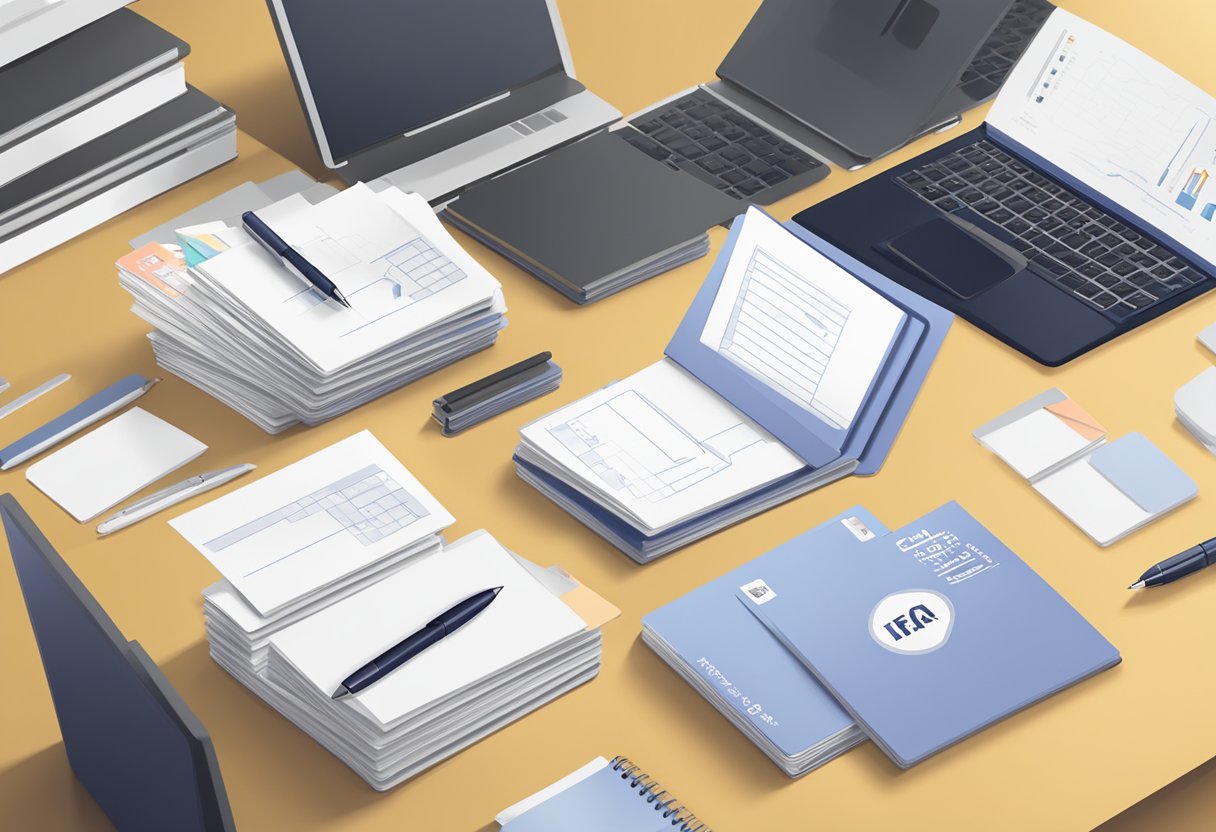 A stack of FAQ cards with "iuiga singapore" logo, surrounded by a laptop, pen, and notepad on a desk