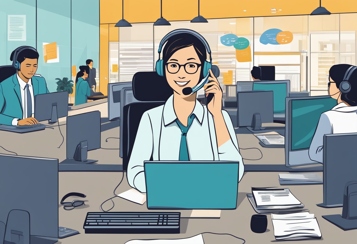A customer service representative answers phone calls at Simba Telecom Singapore, surrounded by FAQs and contact information