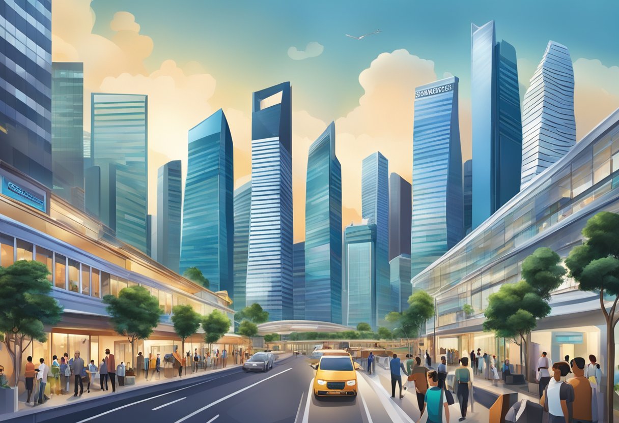 A bustling cityscape with iconic skyscrapers and modern architecture, showcasing the dynamic business environment of Singapore