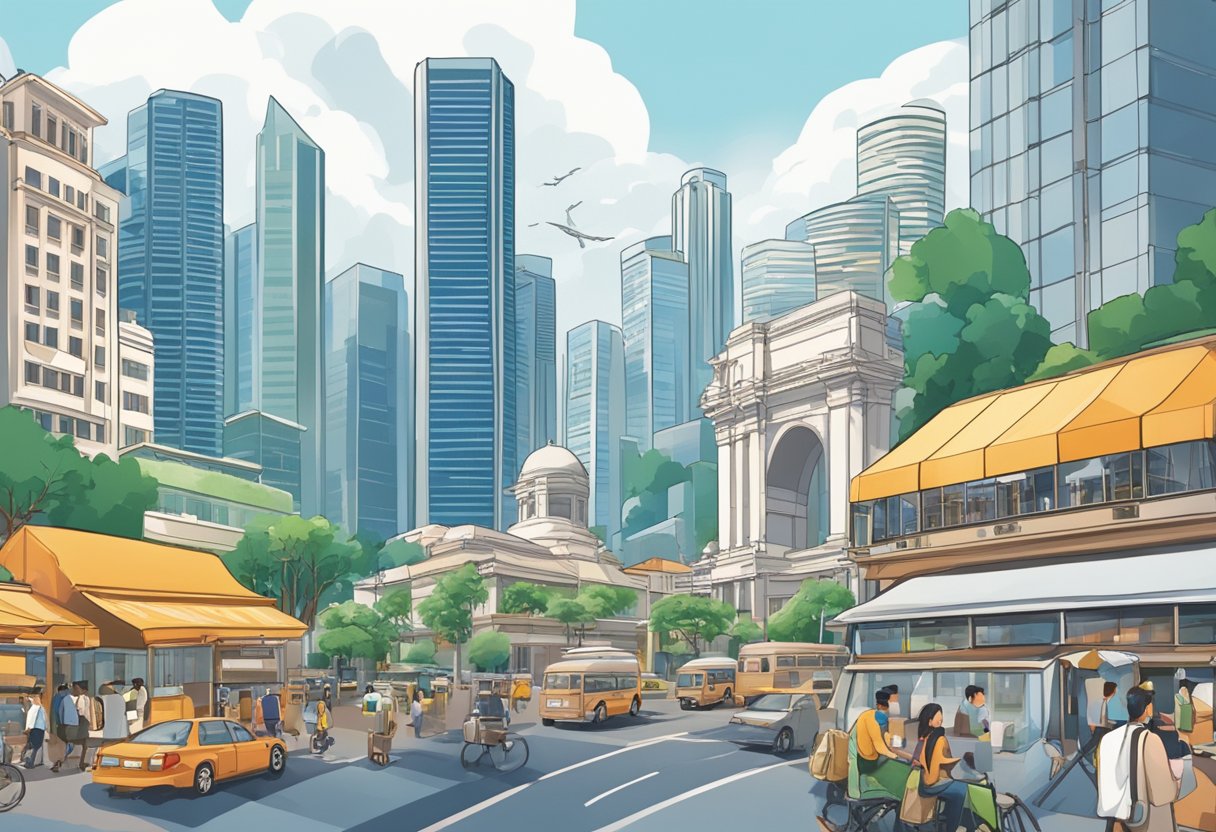 The bustling streets of Singapore are lined with modern skyscrapers and bustling business districts, symbolizing the city-state's vibrant economic landscape
