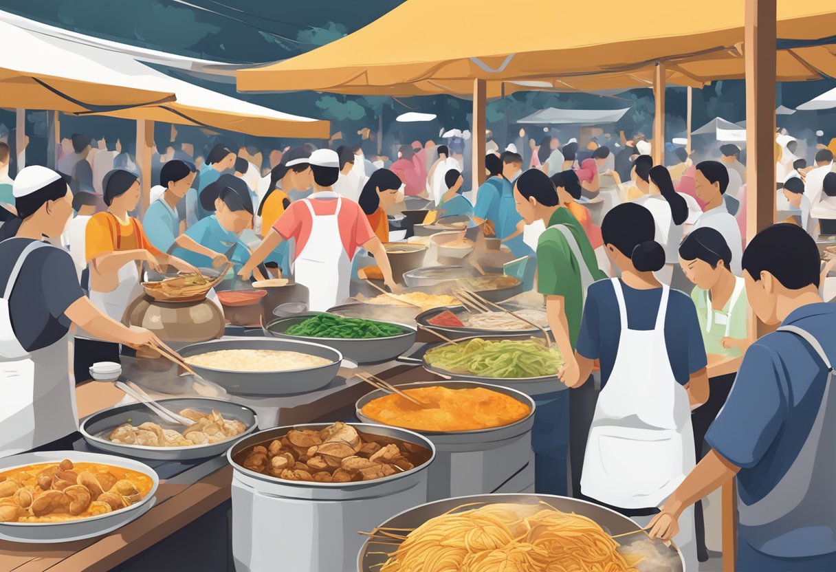 A bustling hawker market in Singapore, with colorful stalls and steaming pots of signature dishes like Hainanese chicken rice and laksa