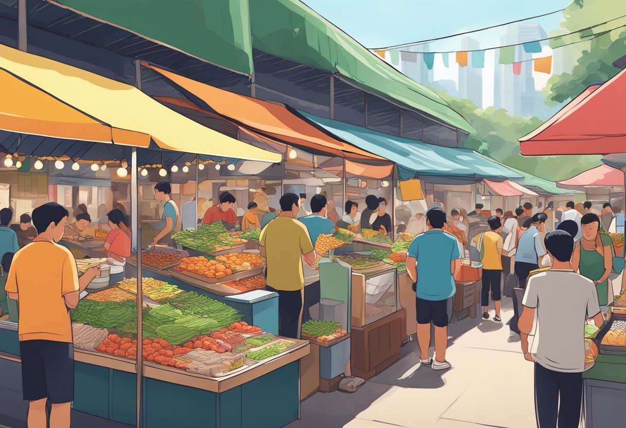 A bustling hawker market in Singapore, with colorful food stalls and a diverse crowd of customers browsing and ordering