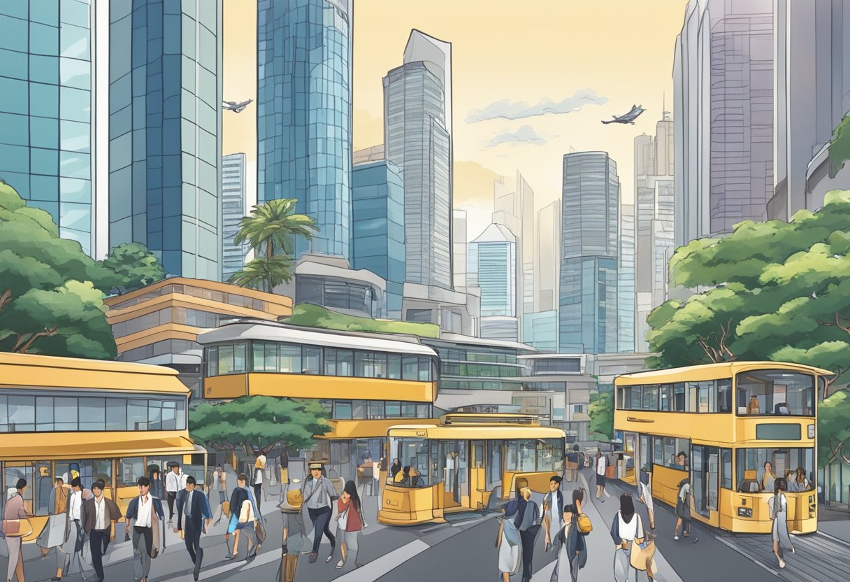A bustling Singapore business district with high-rise buildings and people walking to and from offices