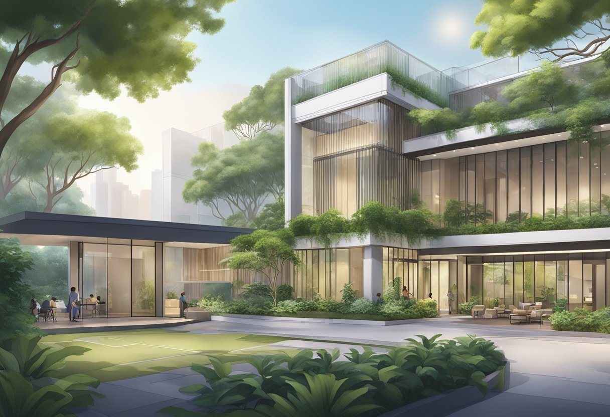 A serene Singapore counselling centre with modern architecture and lush greenery surrounding the entrance