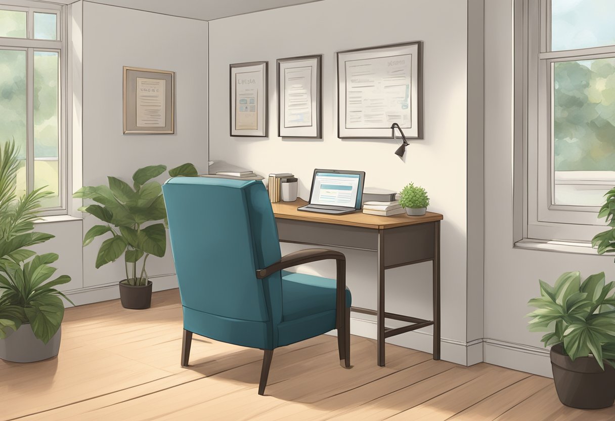 A serene office with comfortable seating, soft lighting, and a welcoming atmosphere. A sign on the door reads "Counselling Services Offered" in bold lettering