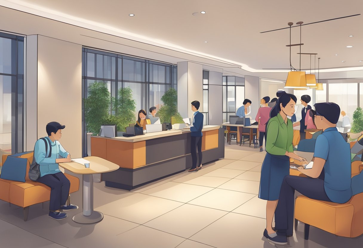 The lobby of Holiday Inn Express Singapore Serangoon bustles with guests seeking information at the Frequently Asked Questions desk. The modern decor and warm lighting create a welcoming atmosphere