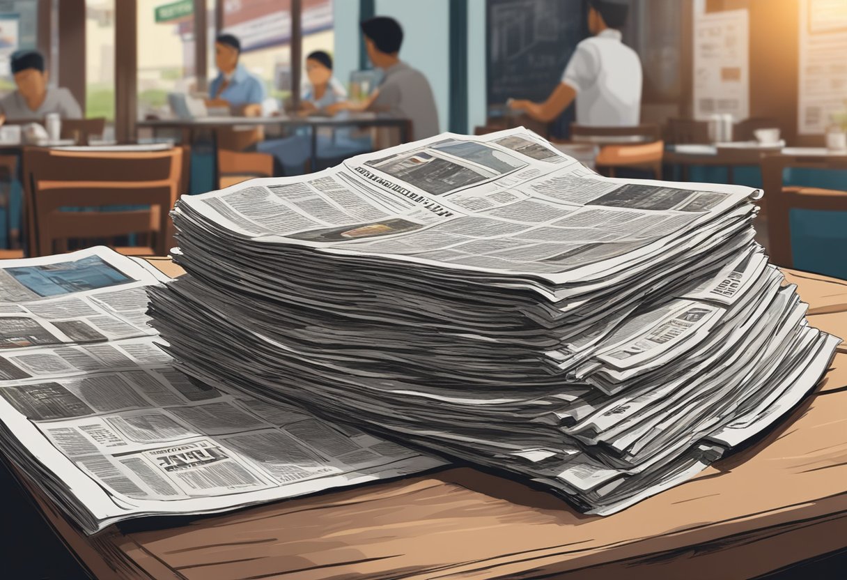 A stack of Tamil Murasu newspapers on a table in a bustling Singaporean cafe